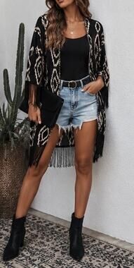 Rumors Kimono Light Beige Black Geometric Fringe Boho Western Festival Duster